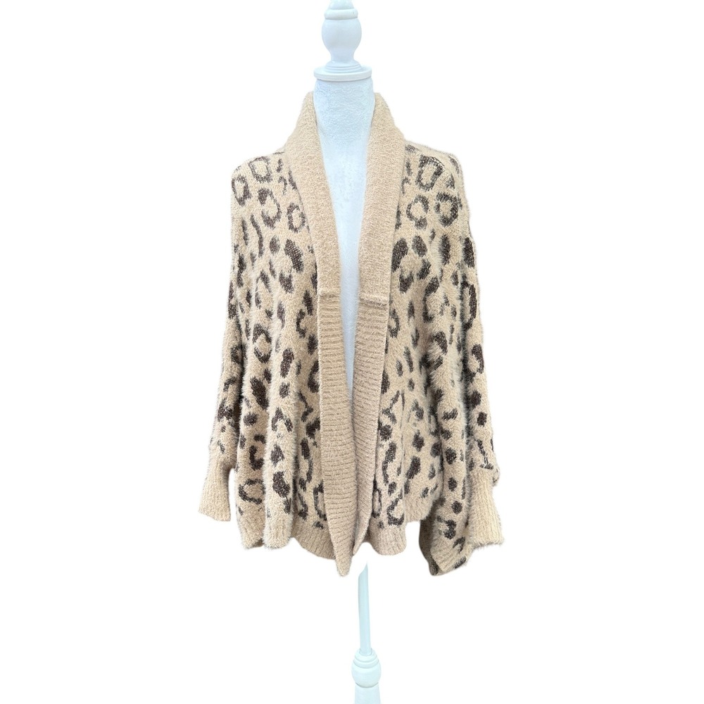 Akemi + Kin Cardigan Women OS Tan Leopard Print Fuzzy Open Front Shawl Collar